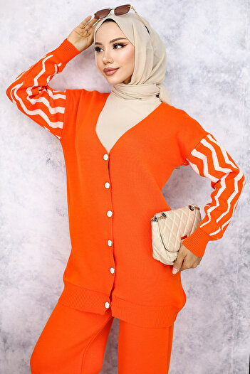 benguen Orange Patterned Knitwear Set - 4064 Sleeves