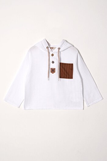 zepkids White - Brown Boy's Set with Hooded Collar and Buttoned Muslin Trousers