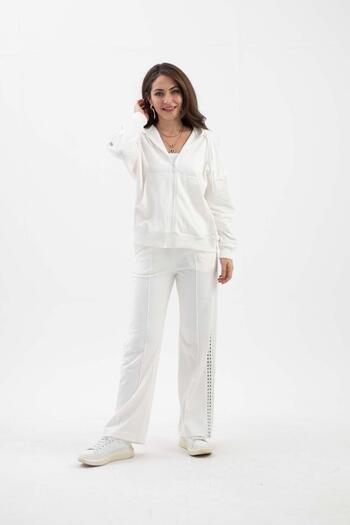 VAPUR TEKSTİL Ecru Hooded Three Thread Knitted Set - Accessory Detailed