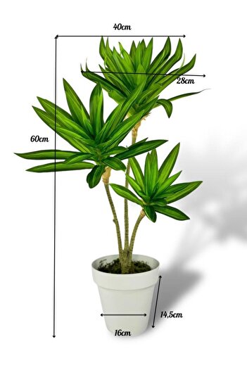 Nettenevime Yapay Çiçek Yeşil Yukka Ağacı 60cm 3Dal Salon Çiçeği Beyaz Saksılı Yapay Bitki