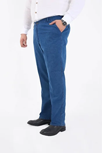 PHANTOM JEANS جينز رجالي أزرق فاتح مقاس كبير ذو خصر عالٍ من قماش الدنيم المريح