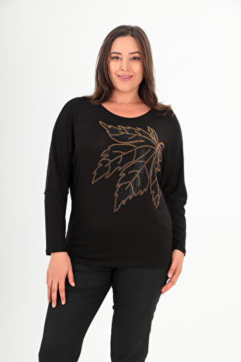 Şans Women's Plus Size Black Stone Print Detailed Bat Sleeve Blouse 65N38433
