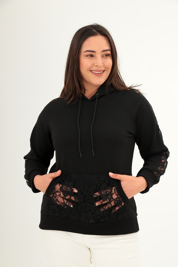 Şans Women's Large Size Black Lace Detailed Sweatshirt 65N38435