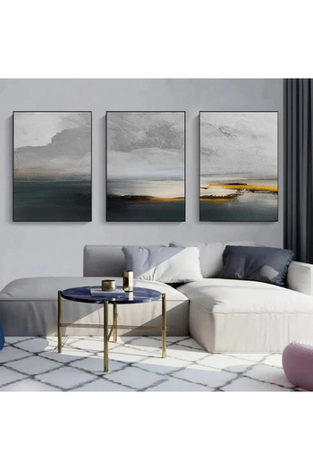 Linacci Set of 3 Black Metal Frame Abstract Sea Glass Painting