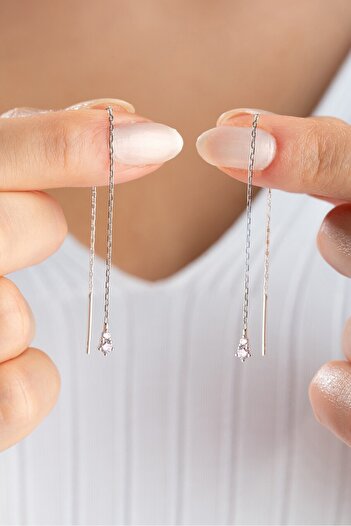 ESSARE 925 Ayar Gümüş Rodyum Kaplama Pembe Taşlı Zincir Küpe