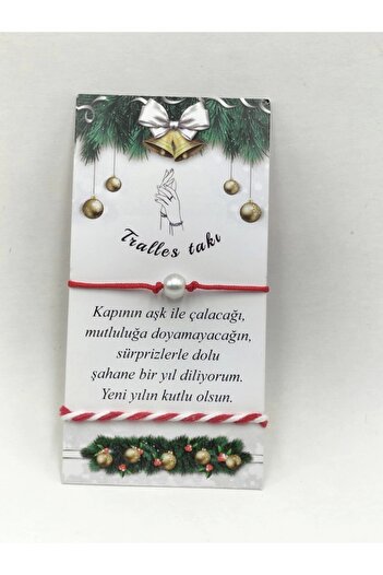 Tralles Takı New Year's Gift Glass Pearl Detailed Red Bracelet and Red and White Lucky Rope