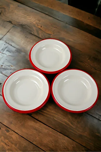 İnci Emaye 3 Pieces 14cm Enamel Plate Set, Breakfast Plate, Jam, Olive, Cheese Plate, Dowry, Gift
