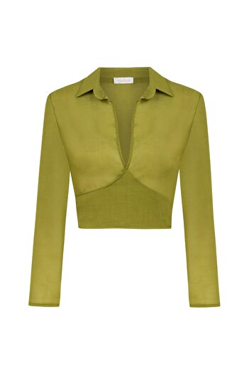 AQUELLA Shirt Collar Oil Green Crop Blouse