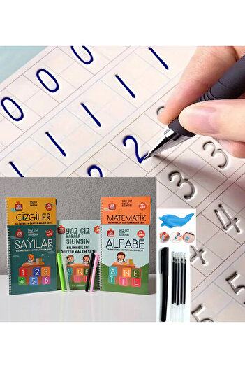LRS STORE Sihirli Yazı Seti Silinebilir Kelemli Kabartmalı Defter Yazma Öğretici 4 Kitap+1 Kalem+5 Yedek Uç