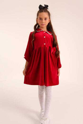 Perendi Stylish Velvet Buttoned Dress Girl's Red