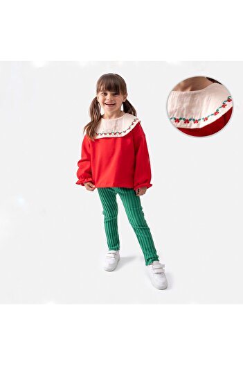 COLORED BABY Girl's Christmas New Year's Themed Collar Embroidered Tights Bottom Top Set