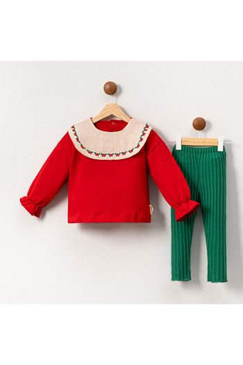COLORED BABY Girl's Christmas New Year's Themed Collar Embroidered Tights Bottom Top Set