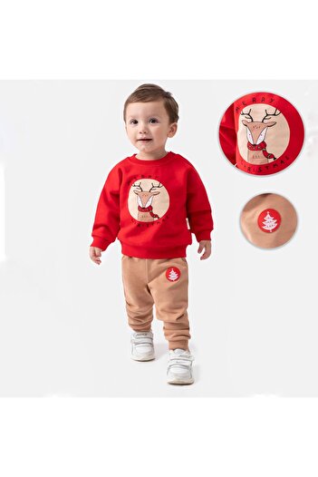 COLORED BABY Baby Boy Deer Printed New Year's Christmas Themed Bottom Top Set