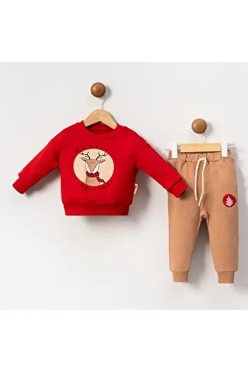 COLORED BABY Baby Boy Deer Printed New Year's Christmas Themed Bottom Top Set