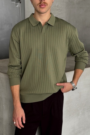 HYMAN Men's Polo Collar Ribbed Oversize Knitwear Sweater