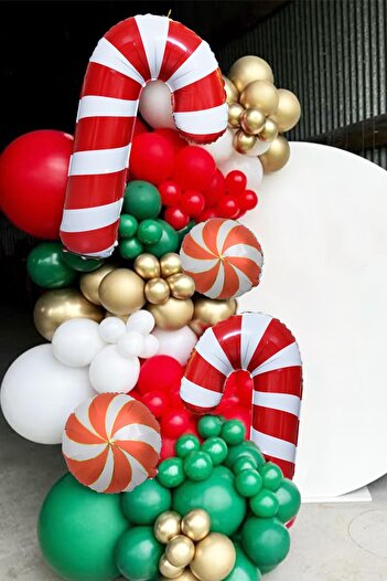 PEKSHOP Büyük Kırmızı Beyaz Baston Şeker Folyo Balon Yılbaşı Süslemesi Büyük Baston Şeker Balon 90cm