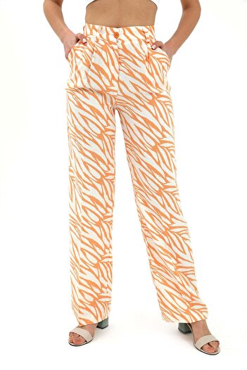 VAPUR Orange High Waist Linen Zebra Pattern Trousers