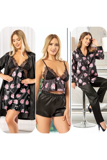 FAAL Satin Nightgown Dressing Gown Pajamas Set Shorts Set 6 Piece Bridal Dowry Set