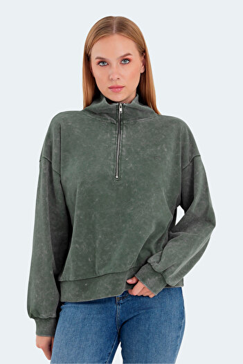 Slazenger Viewer Oversize Women's Stand Collar Zippered Khaki Sweatshirt