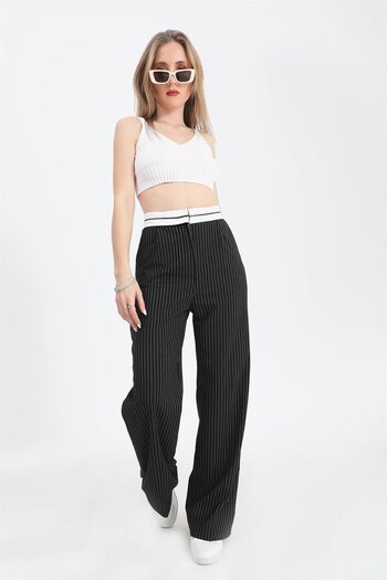 VAPUR TEKSTİL Trousers Palazzo Garni Belted Pinstripe - Black