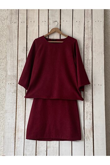 KÜÇÜĞÜM BUTİK Burgundy Short Stamp Blouse-Skirt Set (Bluz-Skirt)