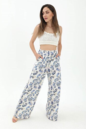 VAPUR Colorful Printed Linen Blue Trousers - Wide Leg