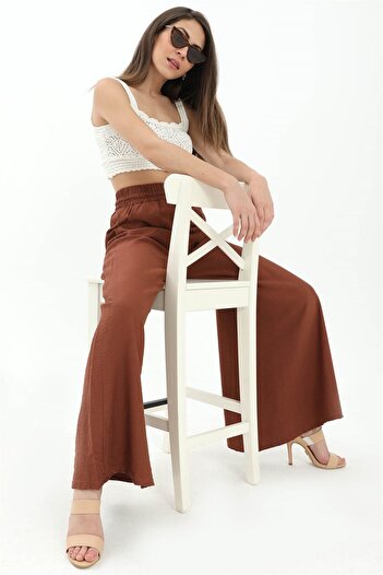 VAPUR Brown Linen Women's Trousers with Wide Leg and Wide Belt