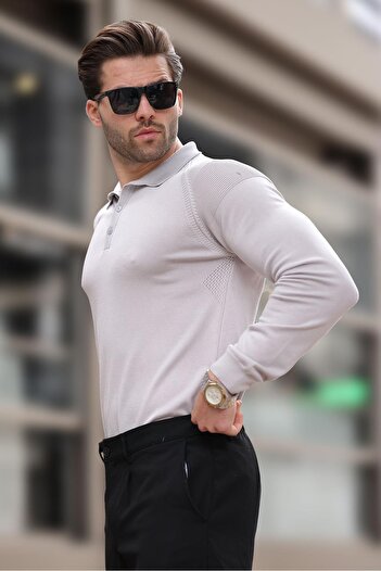Madmext Gray Polo Collar Textured Long Sleeve Sweater E7264