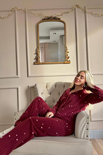 Pijamaevi Bordo Eclipse Desenli Önden Düğmeli Peluş Polar Pijama Takımı