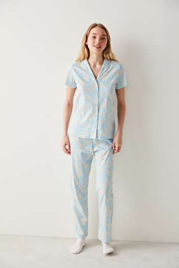 Penti Set de pijamale cu pantaloni de cămașă florală cu bază albastră