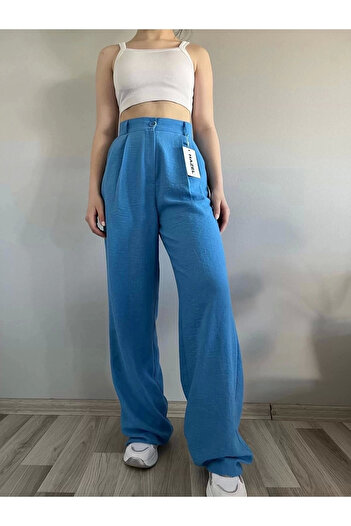 Hazel Women's Blue High Waist Linen Palazzo Pants