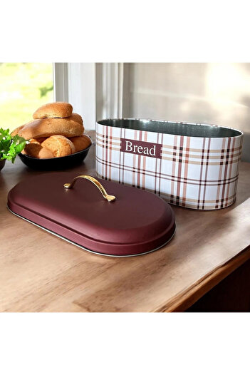 sizinsepetiniz Metal Bread Bowl - Plaid and Leaf Pattern
