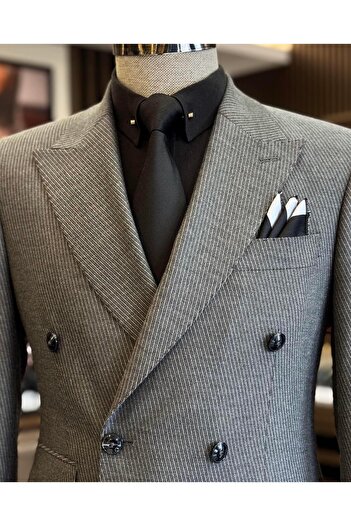TerziAdemAltun Gray Italian Style Slim Fit Double Breasted Jacket and Pants Set - T12999