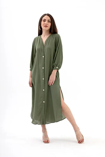 VAPUR TEKSTİL Three Quarter Khaki Linen Dress - Pocketed and Buttoned Sleeve Design