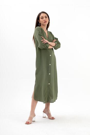 VAPUR TEKSTİL Three Quarter Khaki Linen Dress - Pocketed and Buttoned Sleeve Design