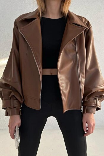 Jaglion Oversize Γυναικείο Μαύρο Puffer Sleeve Bomber Δερμάτινο μπουφάν