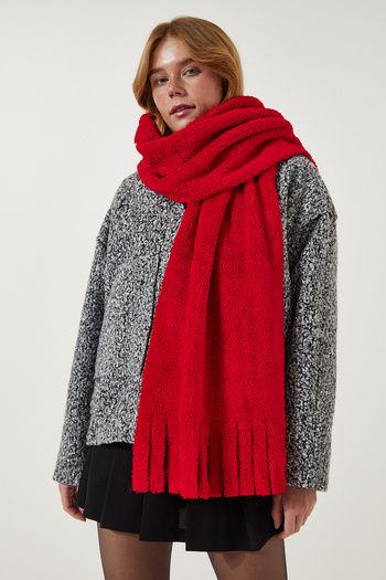 Lovelyİstanbul Red Christmas Themed Tasseled Fleece Scarf - Lpd0003
