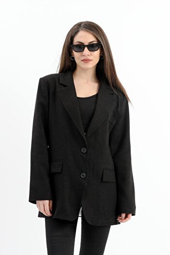 VAPUR TEKSTİL Black Linen Jacket - Double Slit Back