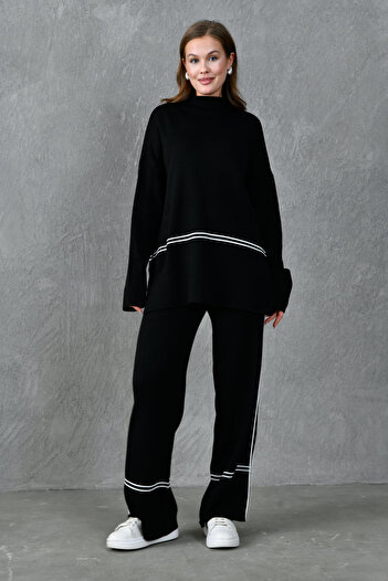 bayansepeti Stretchy Knitwear Stripe Detail Oversize Sweater and High Waist Wide Leg Trousers Black Knitwear Suit 3040
