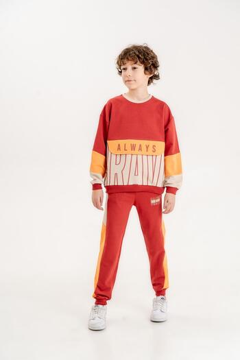 Mışıl Kids Always Brave Printed Kangaroo Pocket Detail Crew Neck Bottom Top Boy's Tracksuit Set
