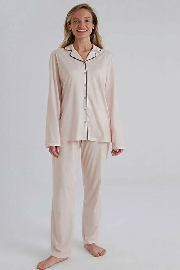 Eros Long Sleeve Front Button Shirt Women's Pajamas Set Solid Color