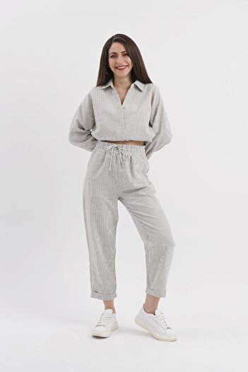 VAPUR TEKSTİL Sequined Striped Linen Set - Khaki