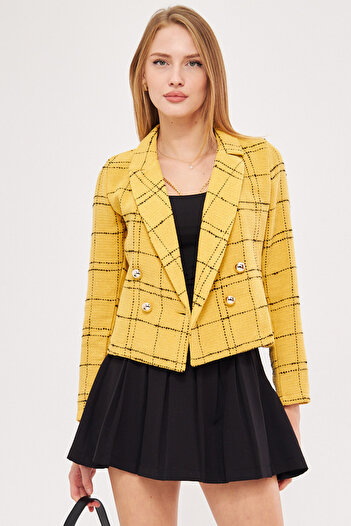 armonika Women's Mustard-Black Double Breasted Collar Tweed Crop Jacket Arm-24K 001014