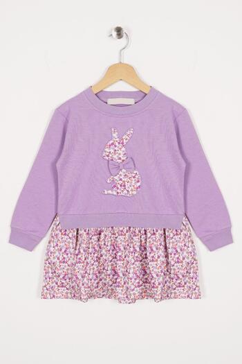 zepkids Crew Neck Long Sleeve Rabbit Printed Lilac Color Girl's Skirt Suit