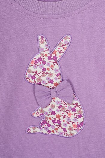 zepkids Crew Neck Long Sleeve Rabbit Printed Lilac Color Girl's Skirt Suit