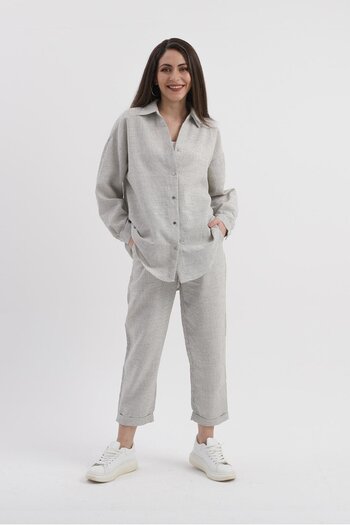 VAPUR TEKSTİL Sequined Striped Linen Set - Khaki