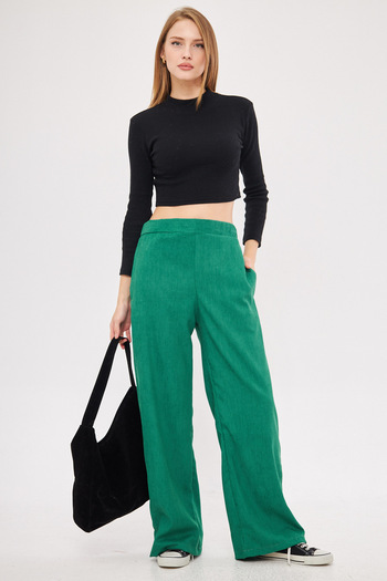 armonika Women's Green Thin Corduroy Palazzo Trousers Arm-25K 001009
