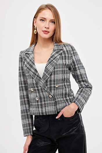 armonika Women's Turquoise-White Double Breasted Collar Tweed Crop Jacket Arm-24K 001014