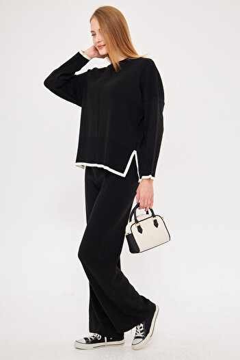 armonika Women's Black Sleeve Skirt Striped Knitwear Double Suit Arm-25K 012006