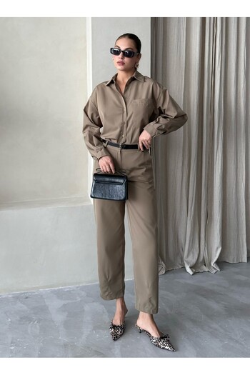 Laluvia Khaki Merlin Belted Shirt Trousers Set